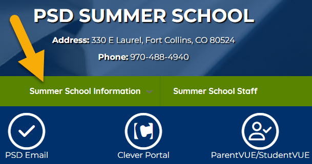 Arrow pointing to Summer School Information on the home page for PSD Summer School