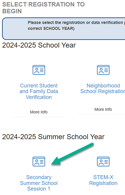 Location of the Secondary Summer School Registration on the ParentVue Page